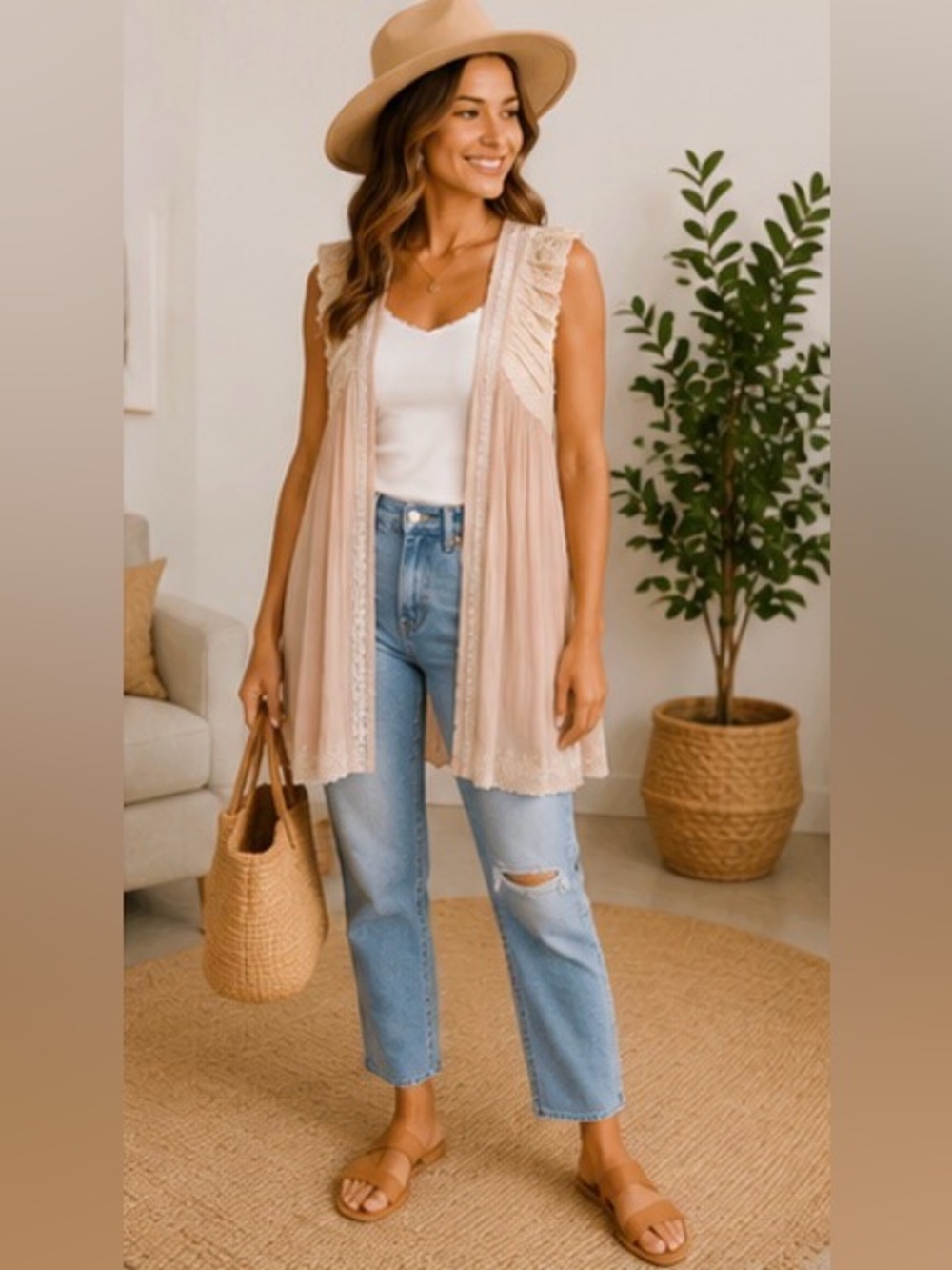 649 POL Open Front Lace Trim Sleeveless Cardigan Vest Blush Pink Boho Duster S